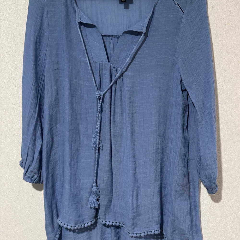 Bobeau Dusty Blue Blouse with Tassel Detail